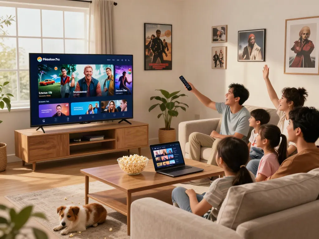 Family enjoying a movie night using the Pikashow Pro app in a cozy living room setting.