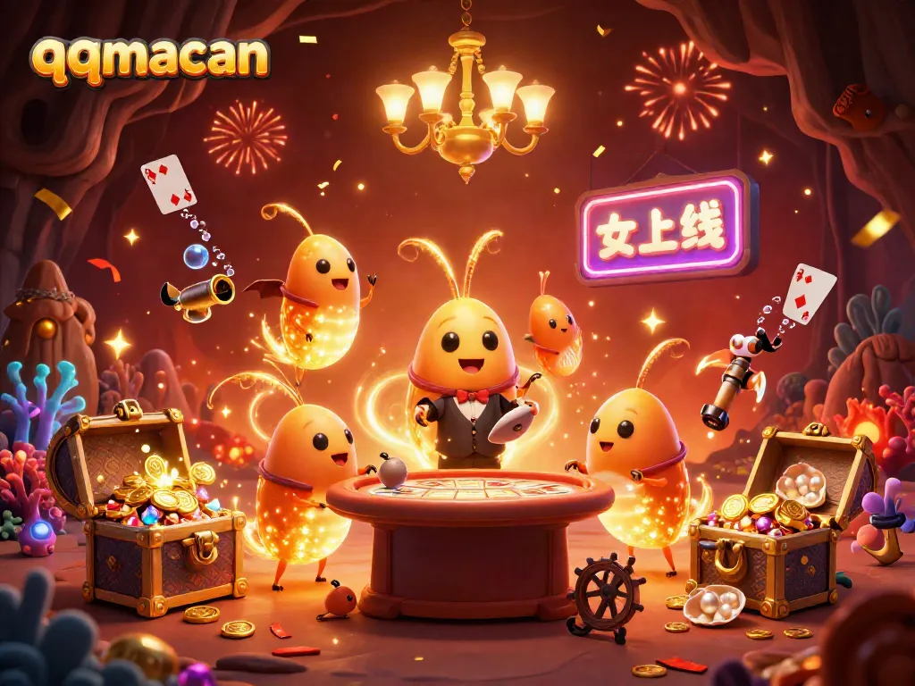Light up your winnings with qqmacan’s vibrant casino scene showcasing glowing game elements and a bat dealer.