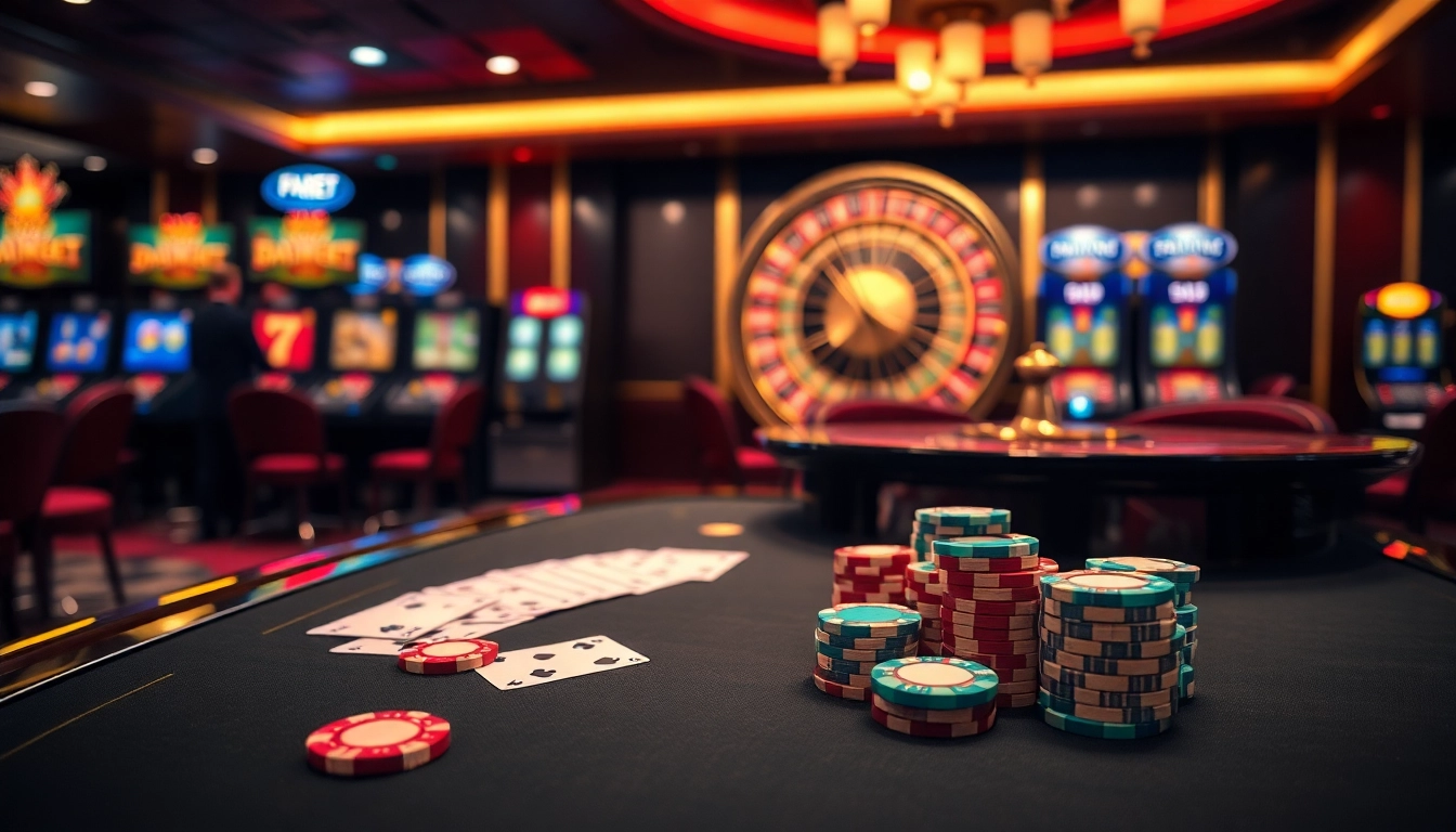 FABET casino scene showcasing an elegant gaming table with vibrant poker chips and roulette wheel.