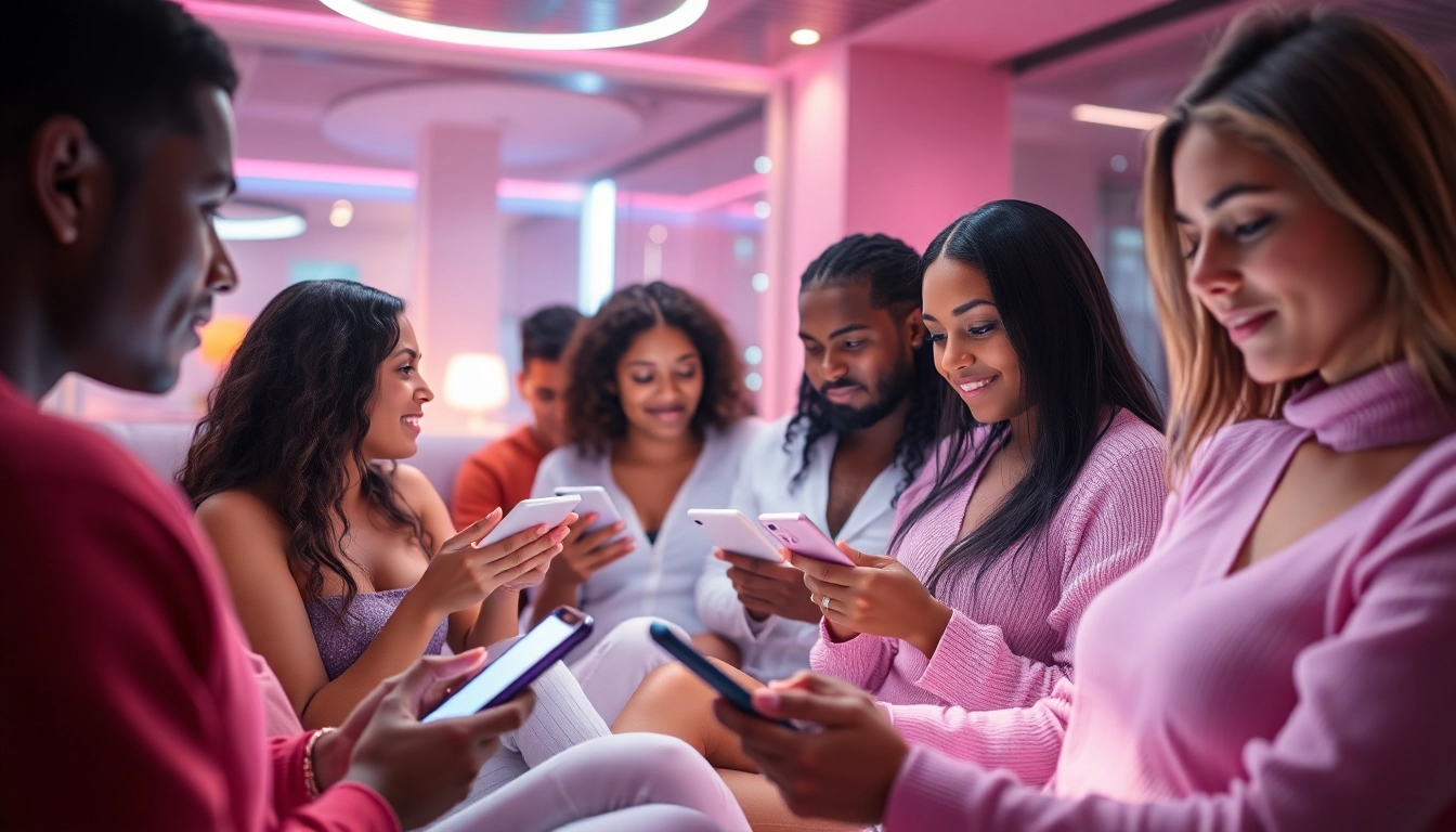 Sexting AI: Diverse individuals engaging in intimate conversations with chatbots in a modern digital setting.