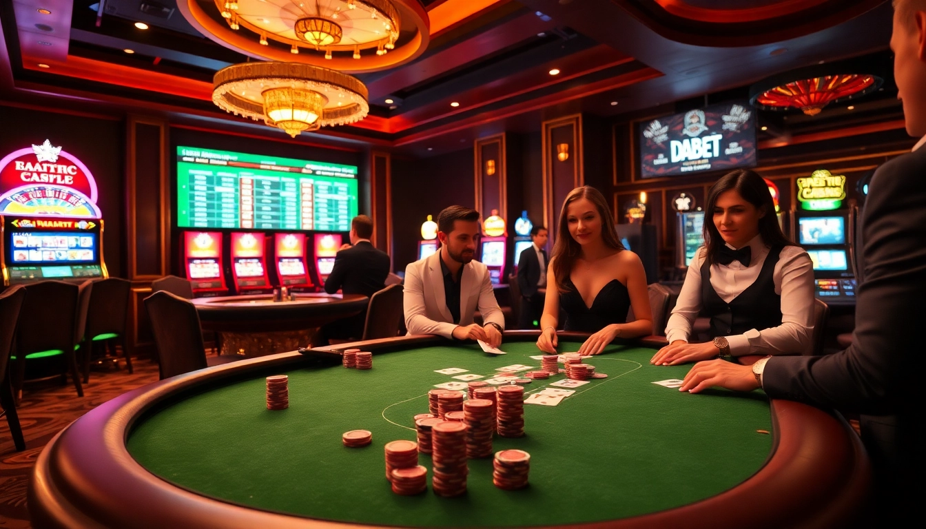 Dabet players engaging in thrilling casino games with vibrant cards, chips, and roulette.