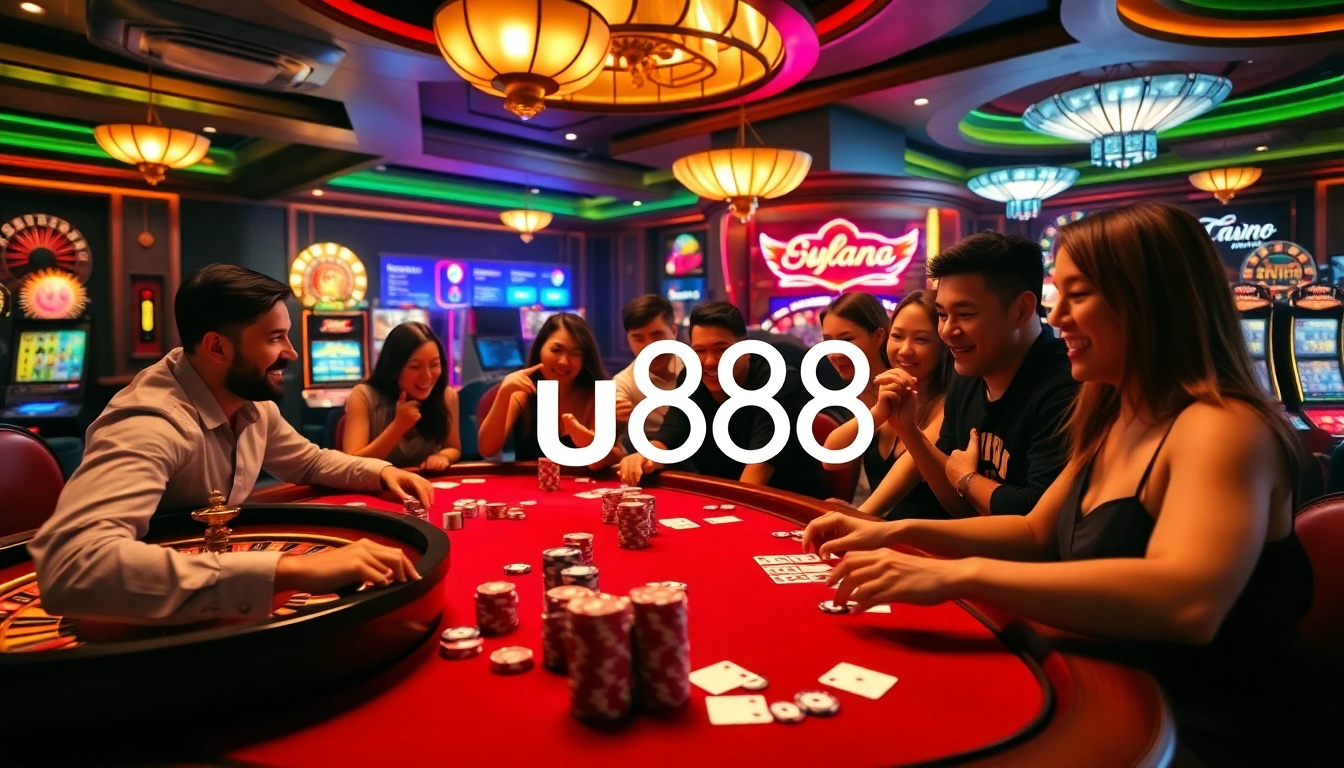 Experience thrilling gameplay at u888 with poker chips and roulette in a vibrant casino setting.