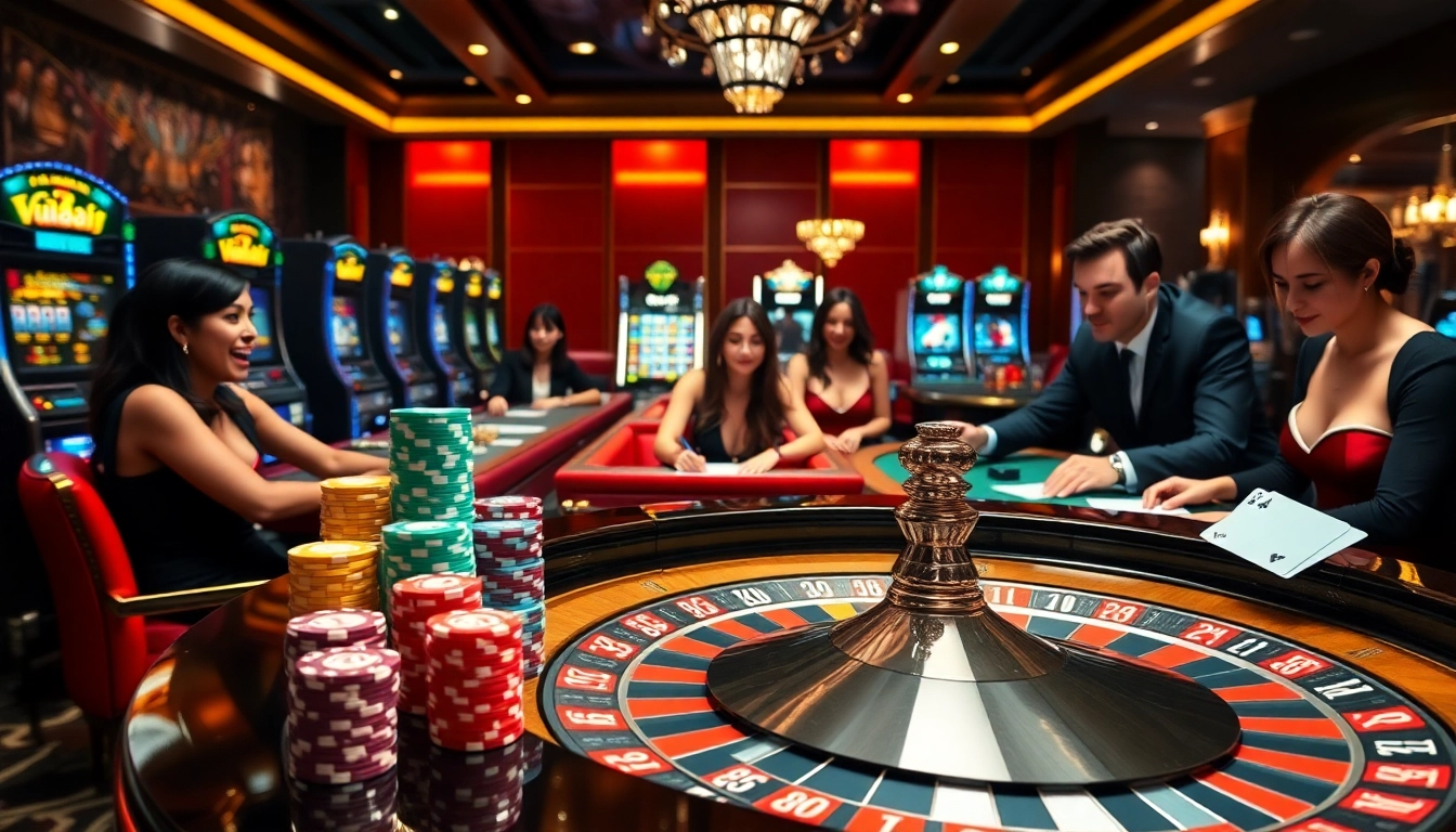 A dynamic casino scene highlighting Vuabai9 roulette action with stacked chips and vibrant atmosphere.