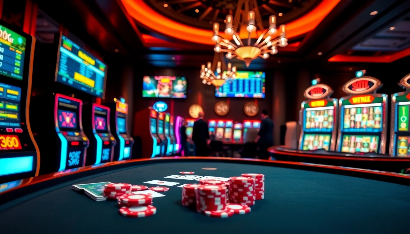 A dynamic scene of players enjoying king88 gaming tables and slot machines in a vibrant casino.