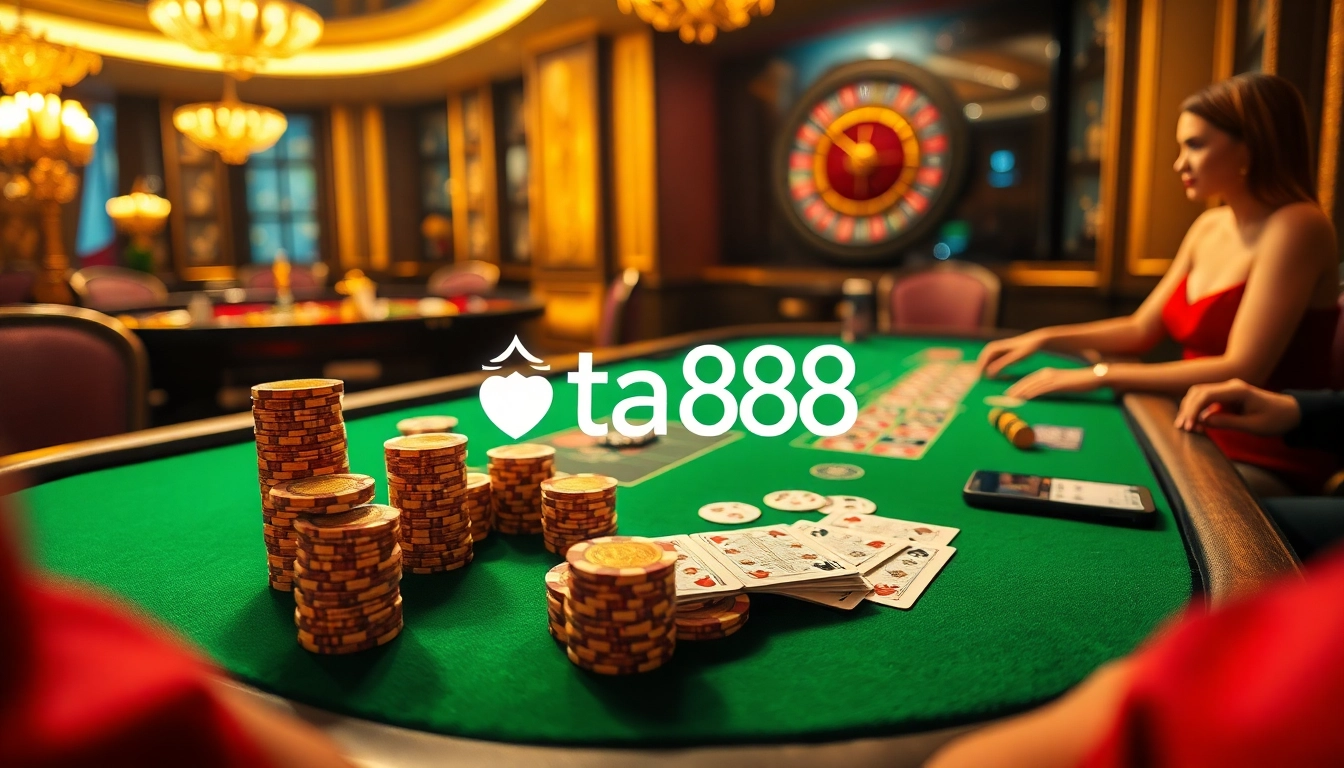 Betting excitement at ta88 features a luxurious casino table with vibrant colors and players engaged in poker.