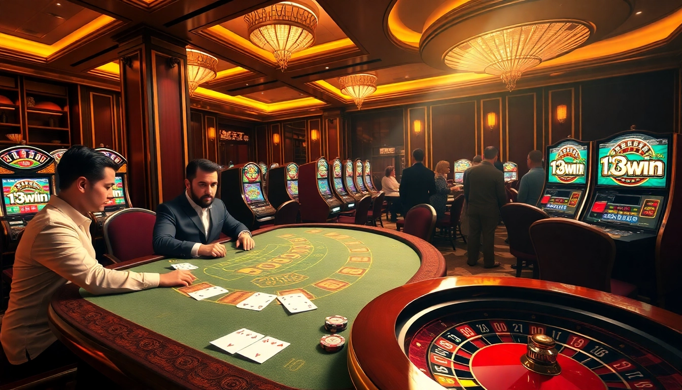 Players engaging with the 13win game at an upscale casino table packed with excitement and luxury.