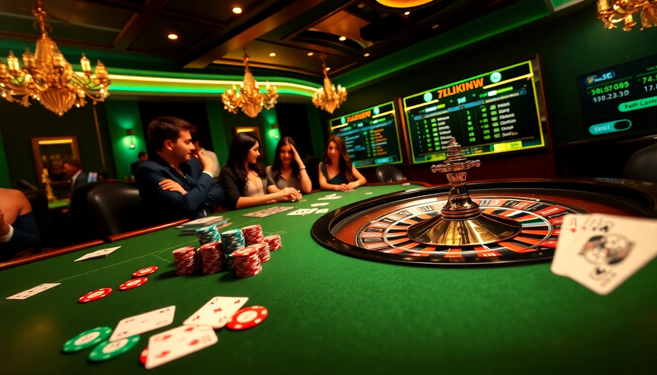 Engaged players enjoying a vibrant 79KING casino table with cards and chips.