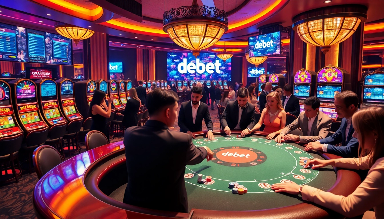 Experience the thrill of debet gaming at a luxurious poker table surrounded by excitement and elegance.
