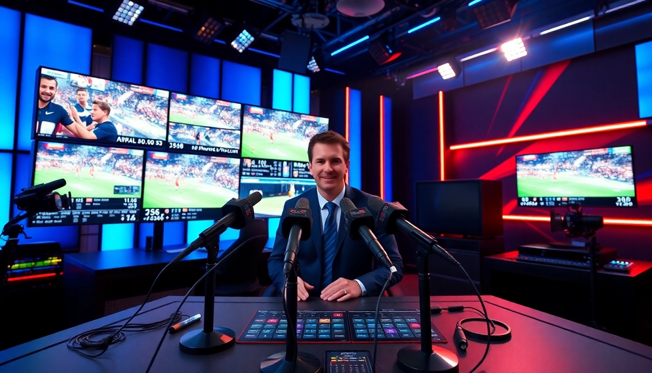 Engaging sports broadcasting scene showcasing a lively studio with dynamic visuals and advanced technology.
