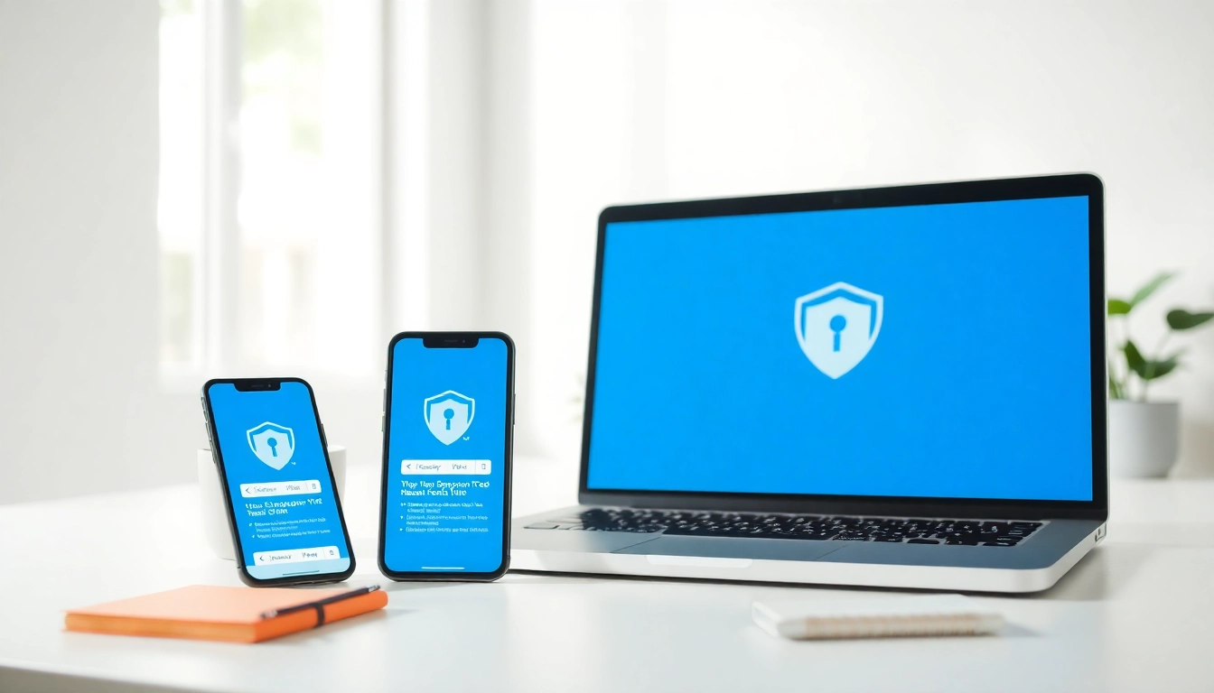 快连下载在多设备上的现代化VPN应用界面中展示，位于明亮的工作区。