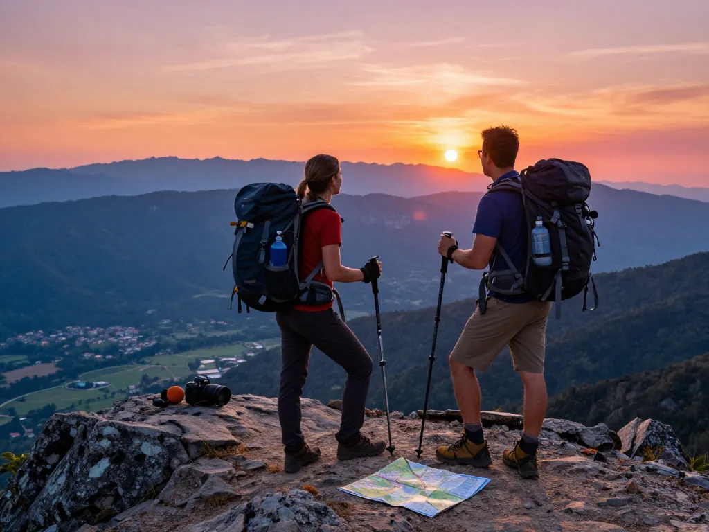 Travelers enjoying the sunset view at a mountain peak, showcasing the adventure spirit of Fly88.