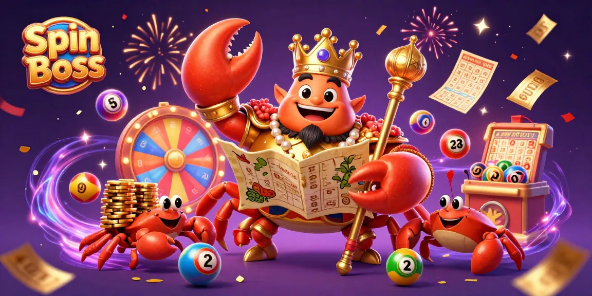 Spin Boss highlights festive gaming with vibrant characters, lottery elements, and a golden crab emperor.
