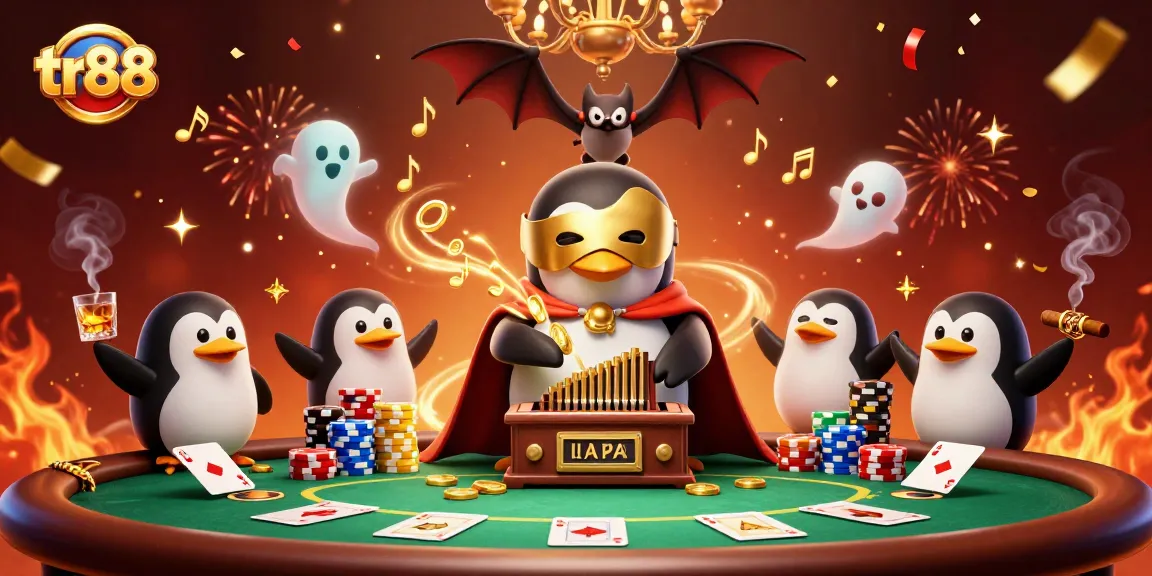 Experience tr88 with a captivating 3D illustration of a casino scene featuring various games and characters.