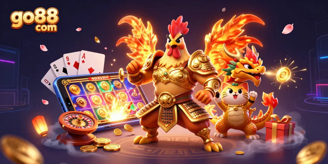 Spin to win at go88 com with dynamic gambling elements and lively characters in a rich casino scene.