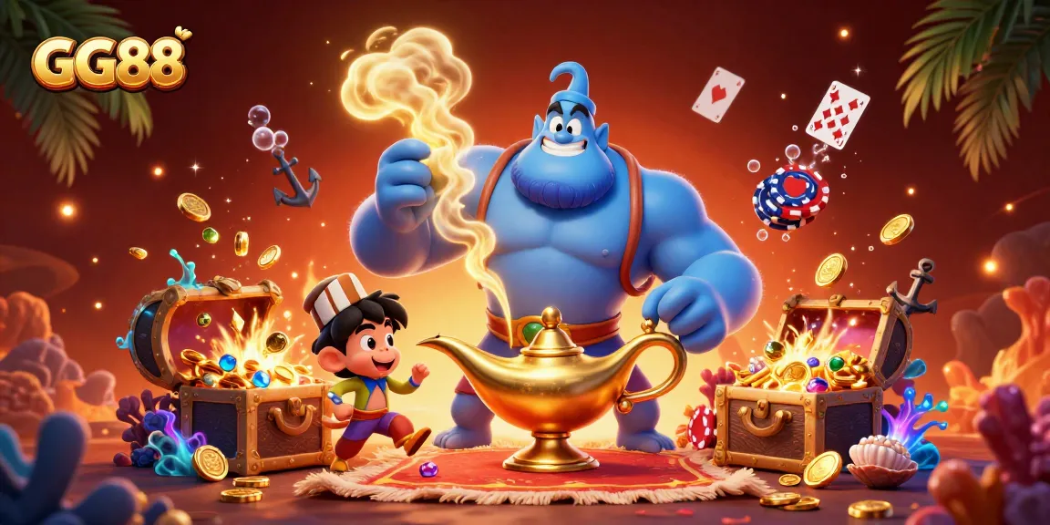 Experience GG88's thrilling casino adventures with a genie, monkey, and poker chips in an enchanting scene.