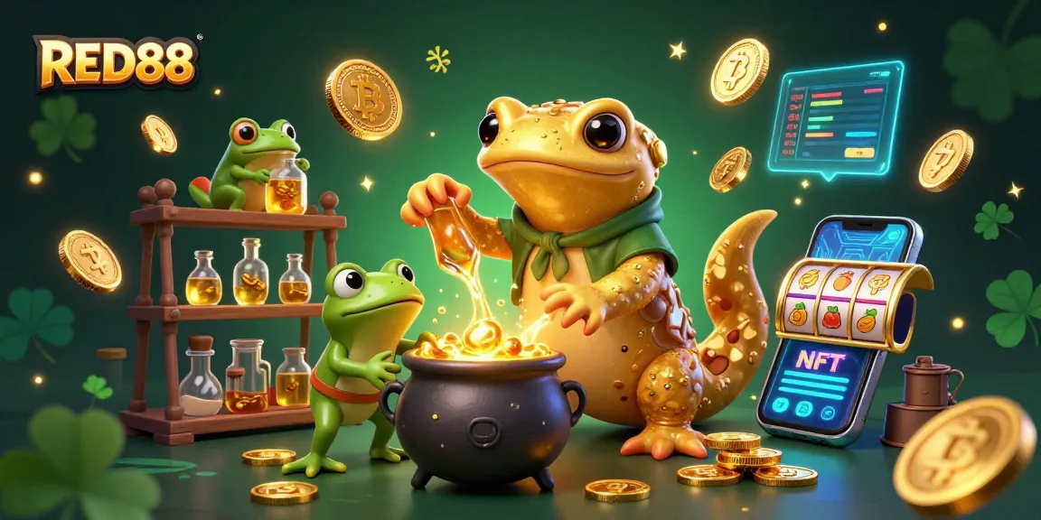 Engage with RED88's thrilling casino experience featuring golden alchemist transforming base metals into gold.