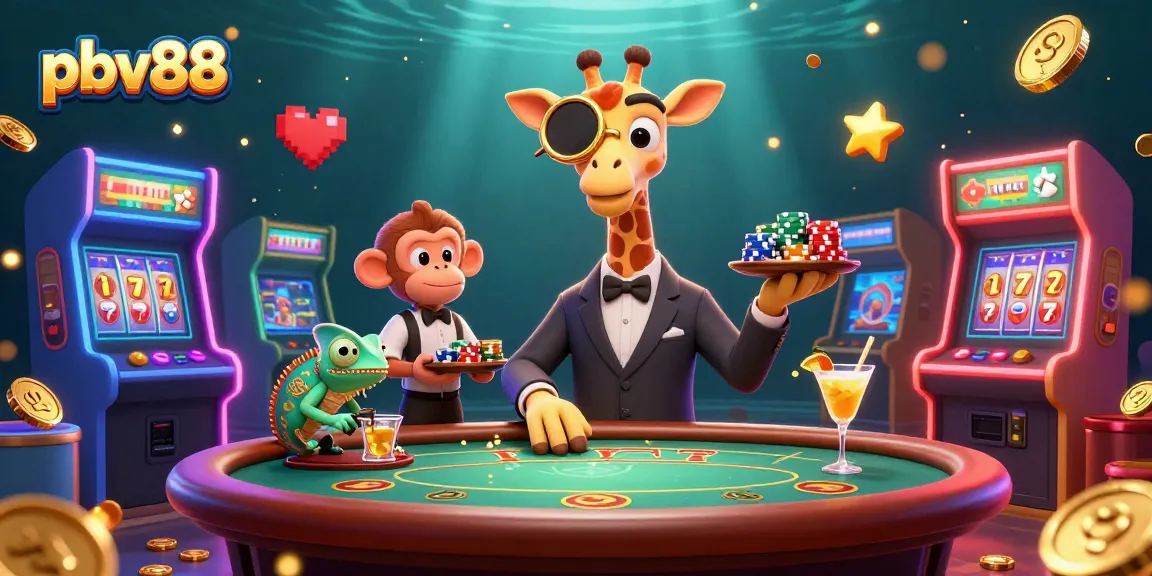 Experience exciting gaming at pbv88 with a whimsical giraffe poker player and vibrant casino action.