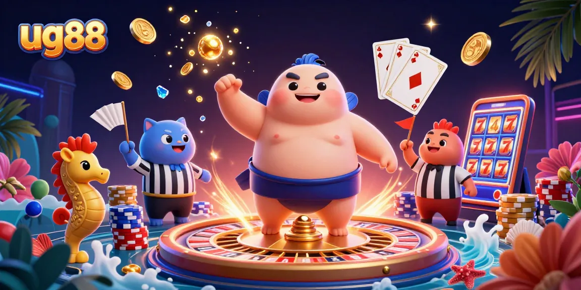 Engage in the thrilling world of ug88 with vibrant casino-themed illustration featuring colorful characters and game elements.
