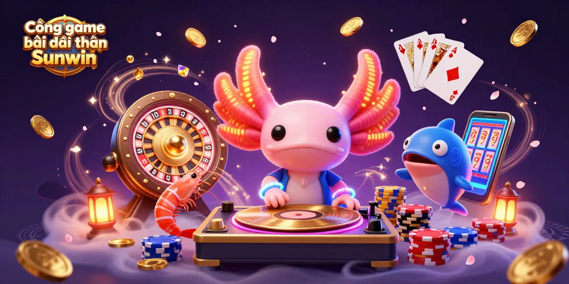Cổng game bài đổi thưởng Sunwin illustration featuring vibrant casino elements like coins and roulette.