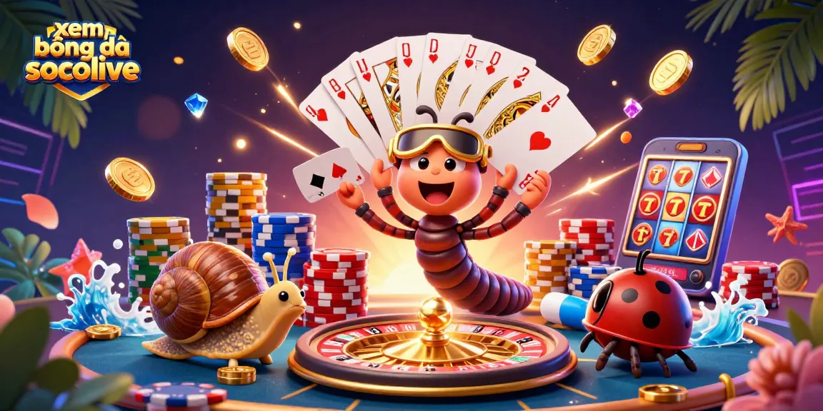 Xem bóng đá socolive with a cartoon millipede dealer and snail high-roller at a vibrant casino scene.