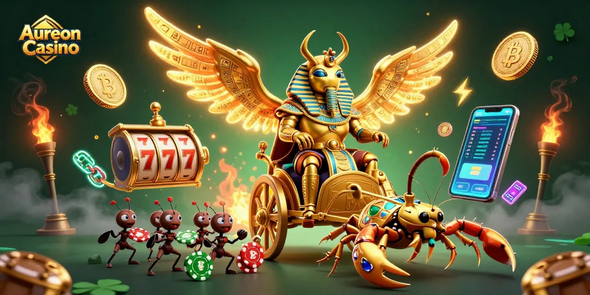 Aureon Casino's thrilling games visualized with a powerful golden scarab and dynamic slot action