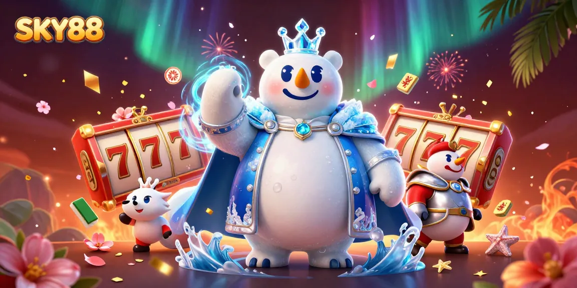 Engage with exciting slot jackpots at SKY88 featuring a polar bear and snow fox in an enchanting casino scene.