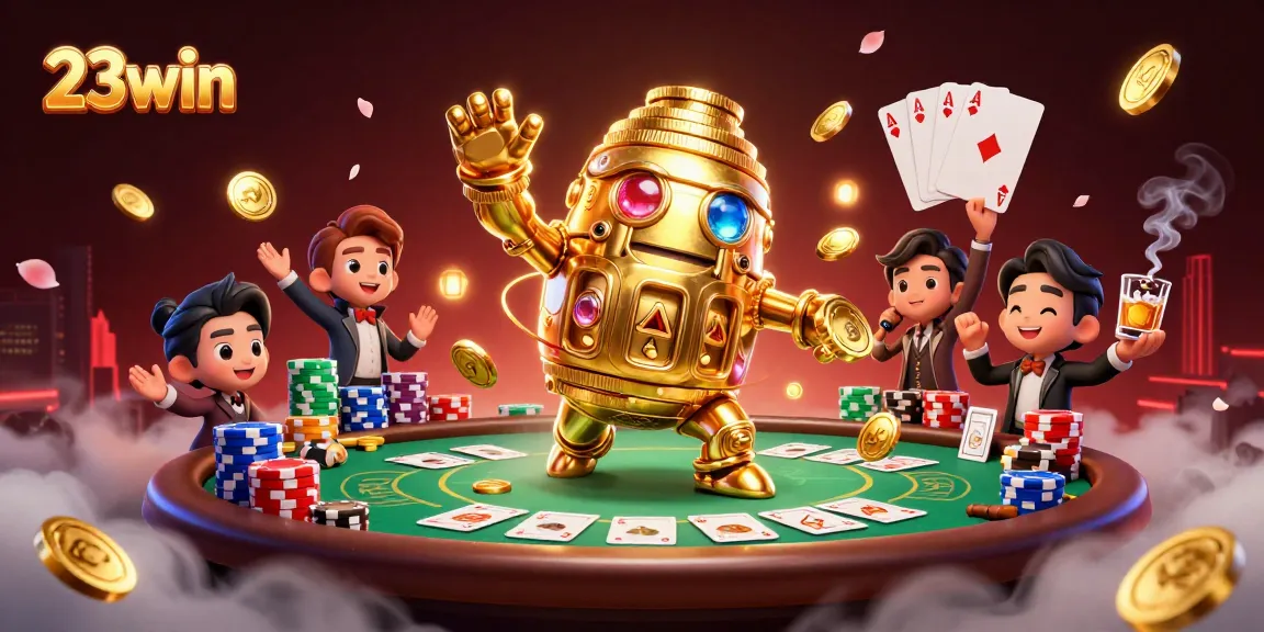 Engage in thrilling bets at 23win with vibrant poker elements and a captivating golden golem.