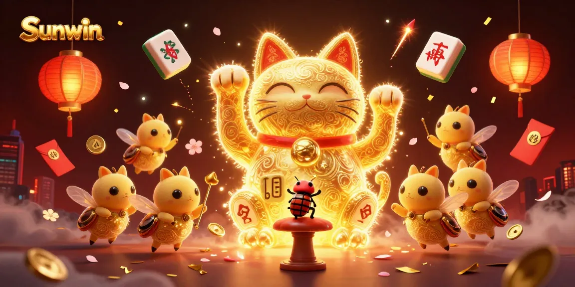 Sunwin players experiencing the excitement of a casino with vibrant lucky cat and festive elements.